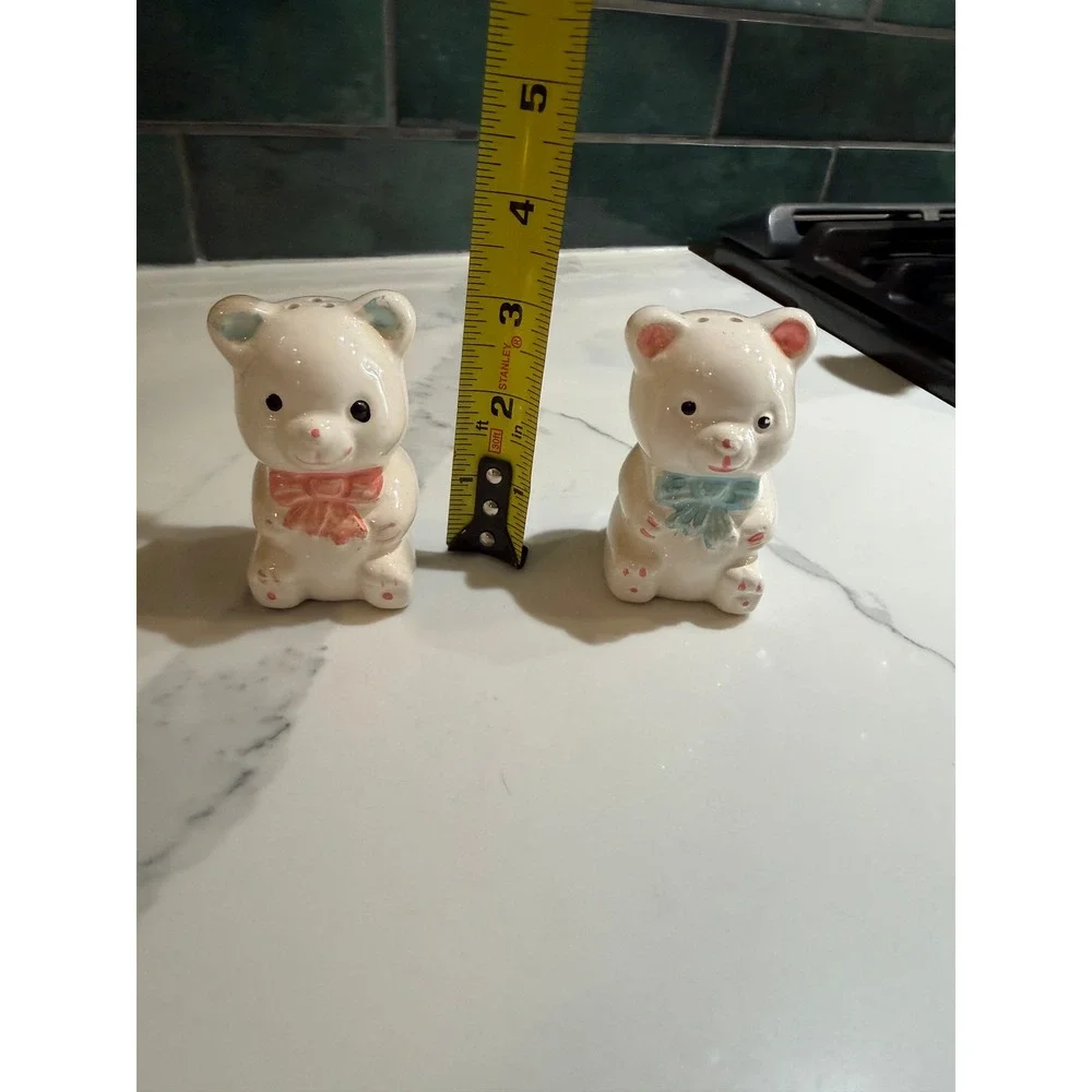 Vintage Teddy Bear Salt and Pepper Shakers Ceramic Pink Blue Bow Set of 2